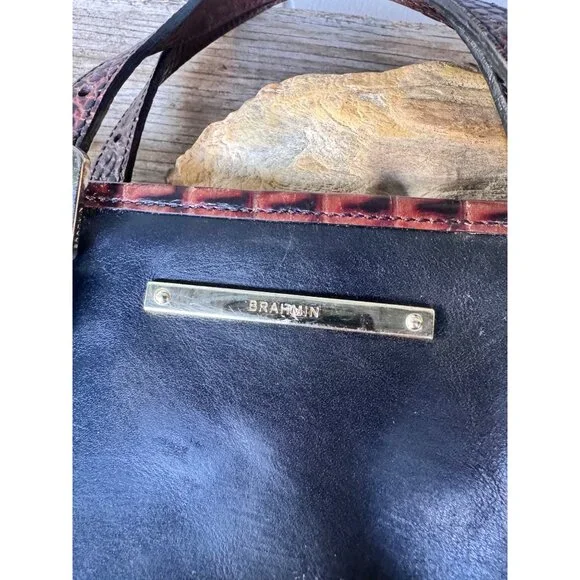 Brahmin Leather Satchel Shoulder Crossbody Bag Black Brown Croc Embossed Zip Top - Picture 2 of 9